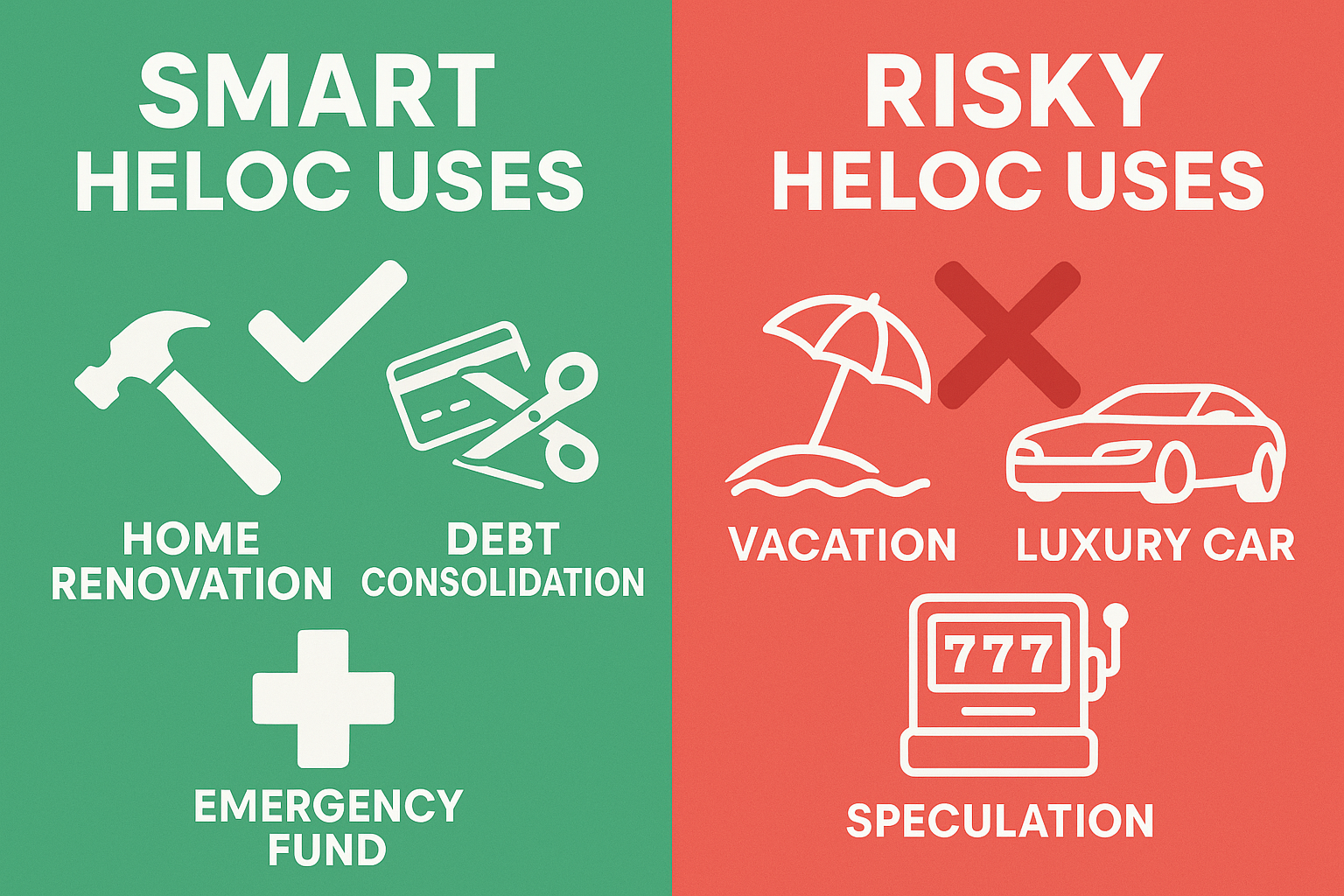 Visual representation in 1536x1024 landscape format showing "Smart vs Risky HELOC Uses." Split design with left side in green showing smart 