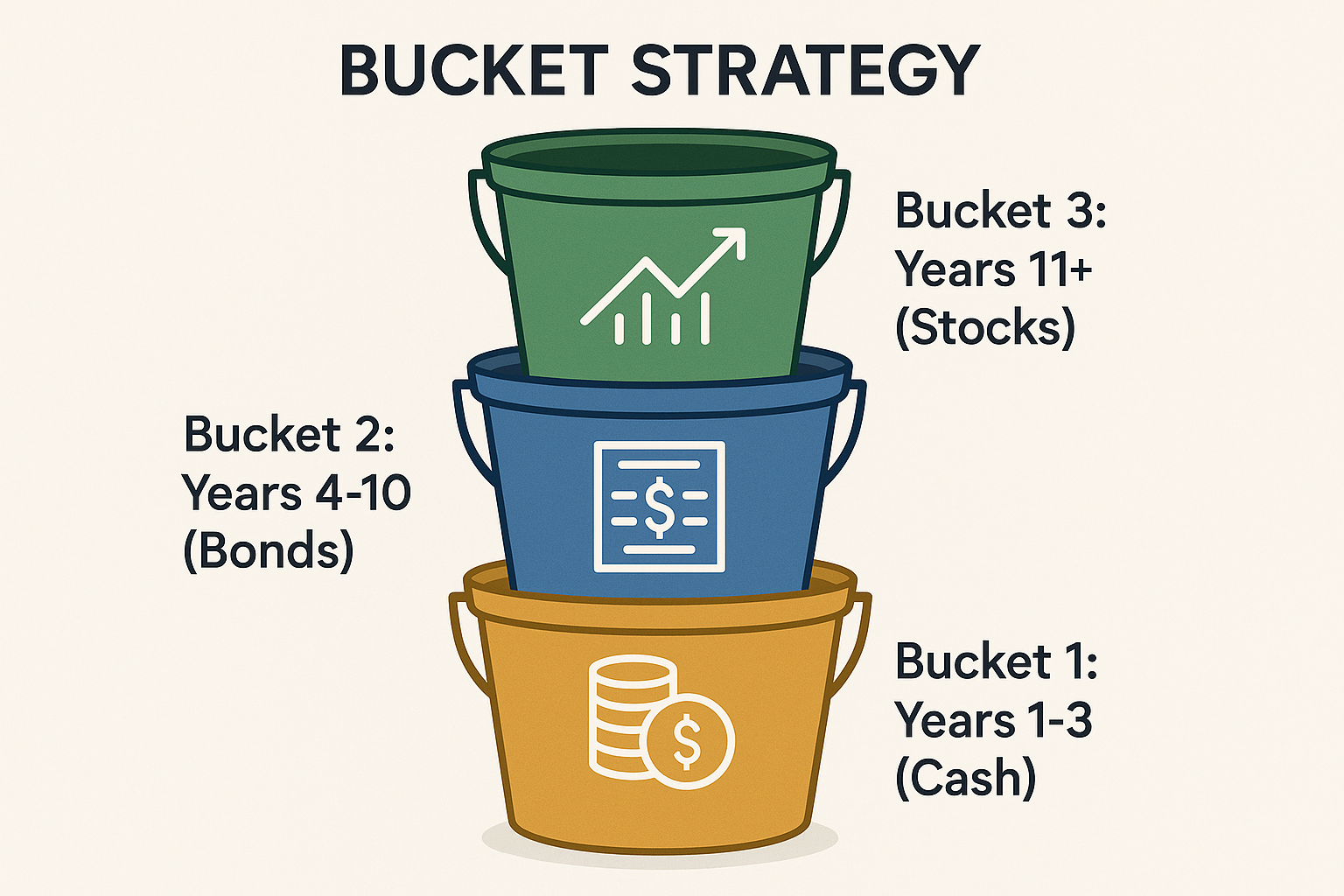Square 1024x1024 Visual representation of the "bucket strategy" showing three stacked buckets labeled "Bucket 1: Years 1-3 (Cash)", "Bucket 