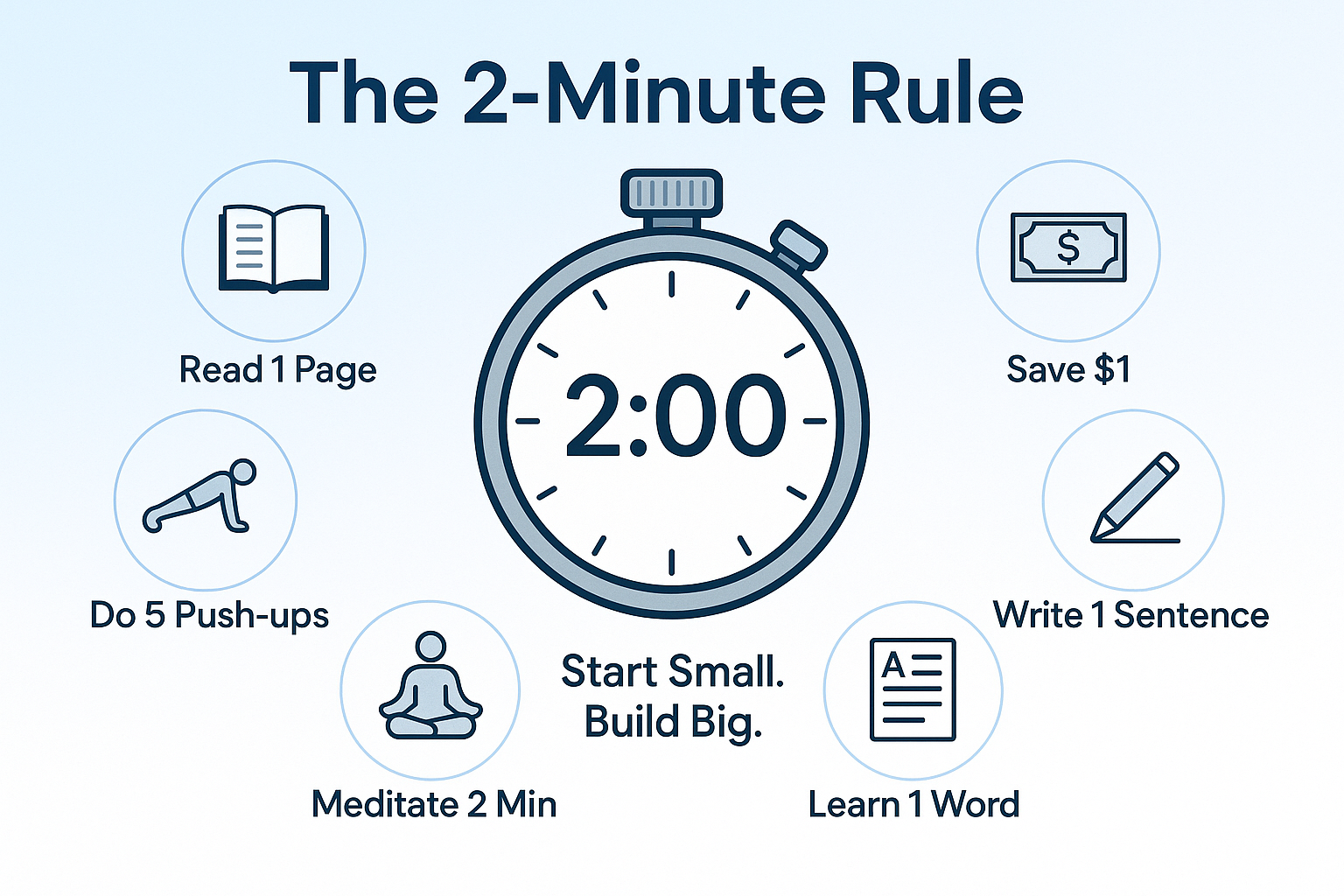 Create a landscape (1536x1024) visual representation of "The 2-Minute Rule" with a clean, minimalist design. Show a large stopwatch or timer