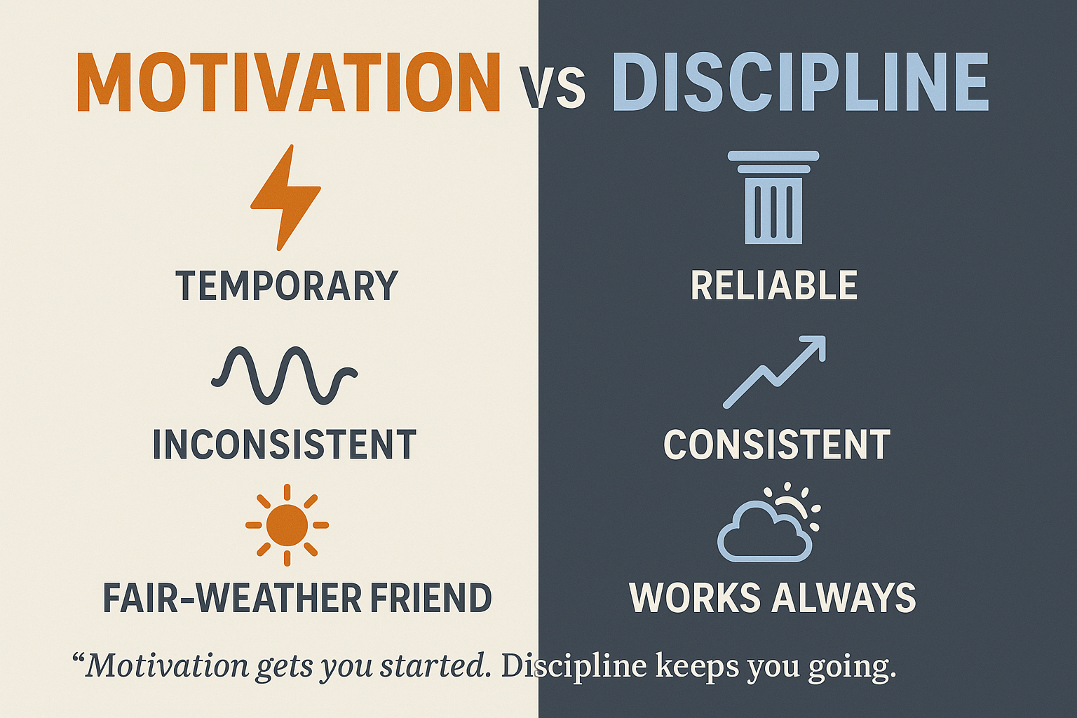 Create a landscape (1536x1024) comparison infographic titled "Motivation vs. Discipline" split down the middle. Left side (light background)