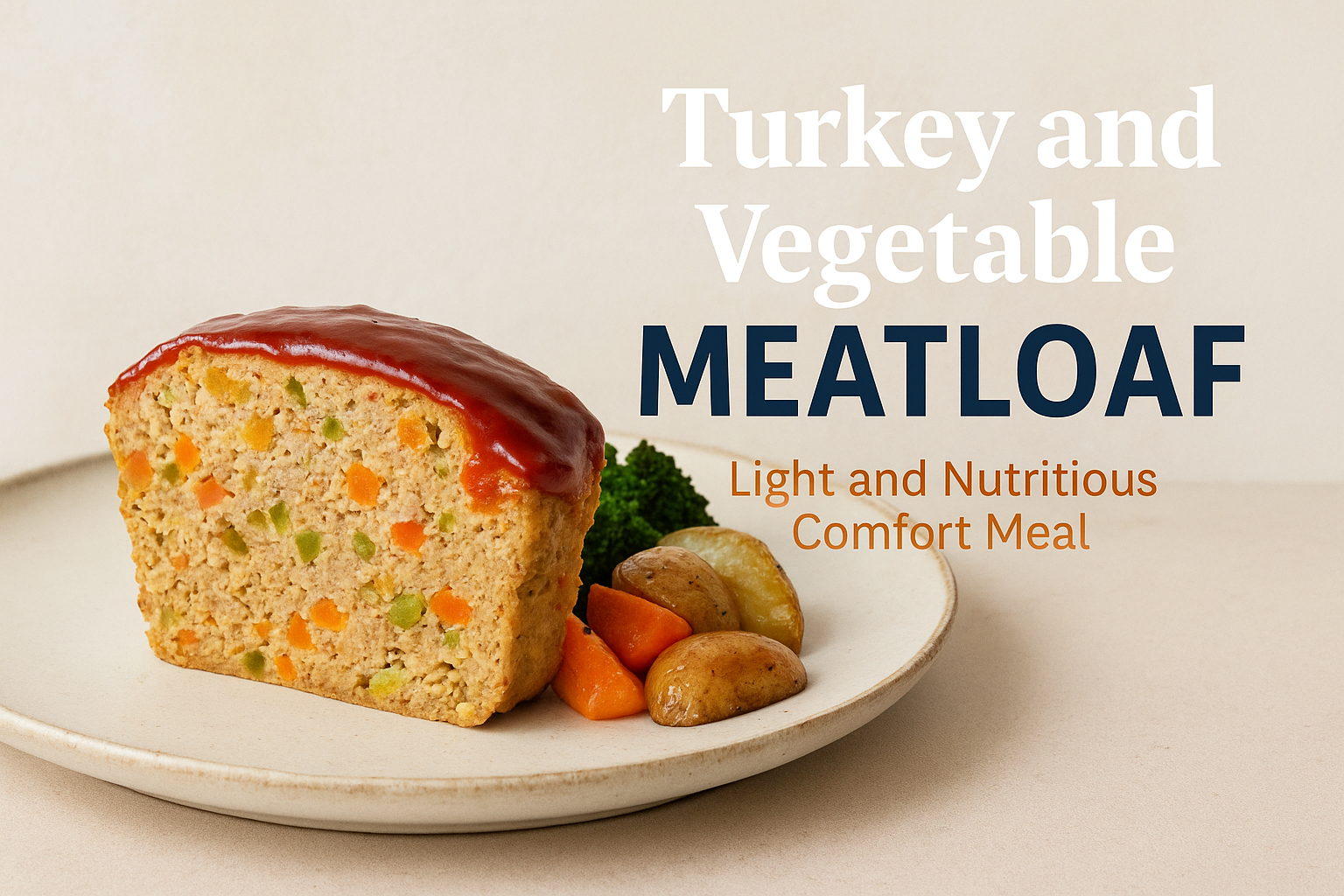 Cover image - 1536x1024 landscape format. A beautifully plated slice of golden-brown turkey and vegetable meatloaf with visible colorful veg