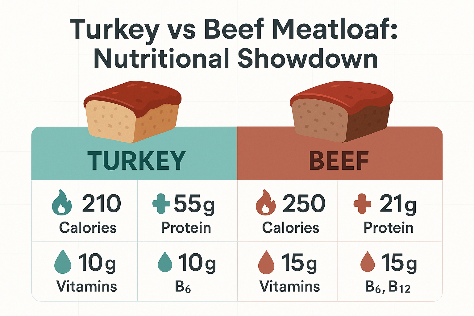 1536x1024 landscape infographic showing the nutritional comparison between turkey meatloaf and traditional beef meatloaf. Split-screen desig
