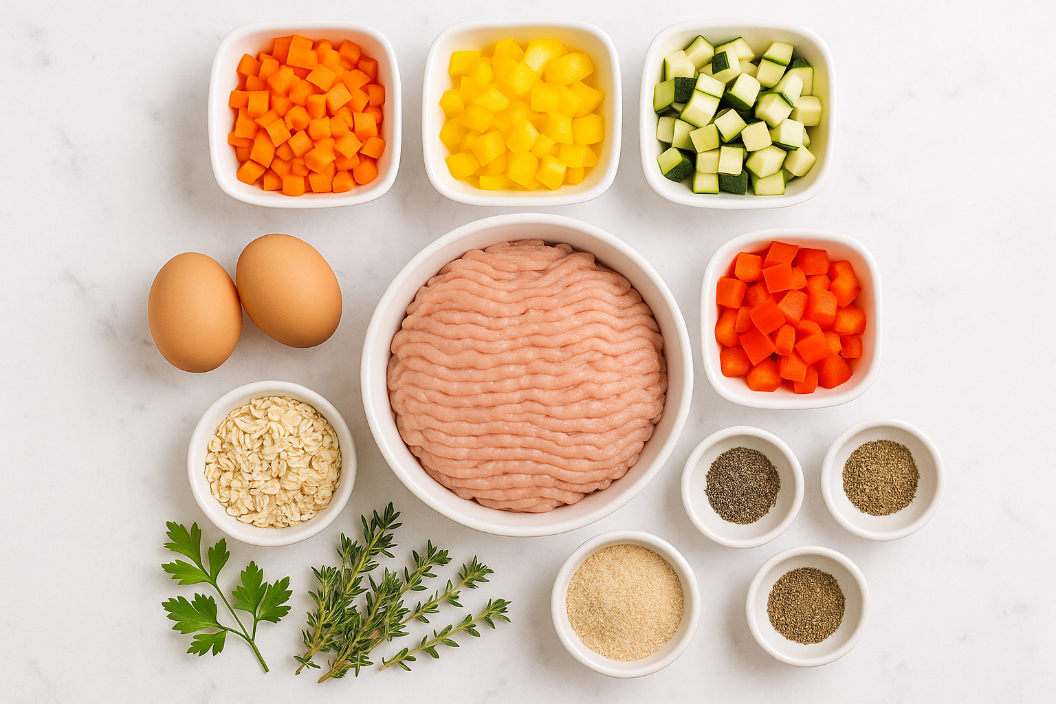 1024x1024 square image showing overhead view of all ingredients for turkey and vegetable meatloaf arranged in an organized, aesthetically pl
