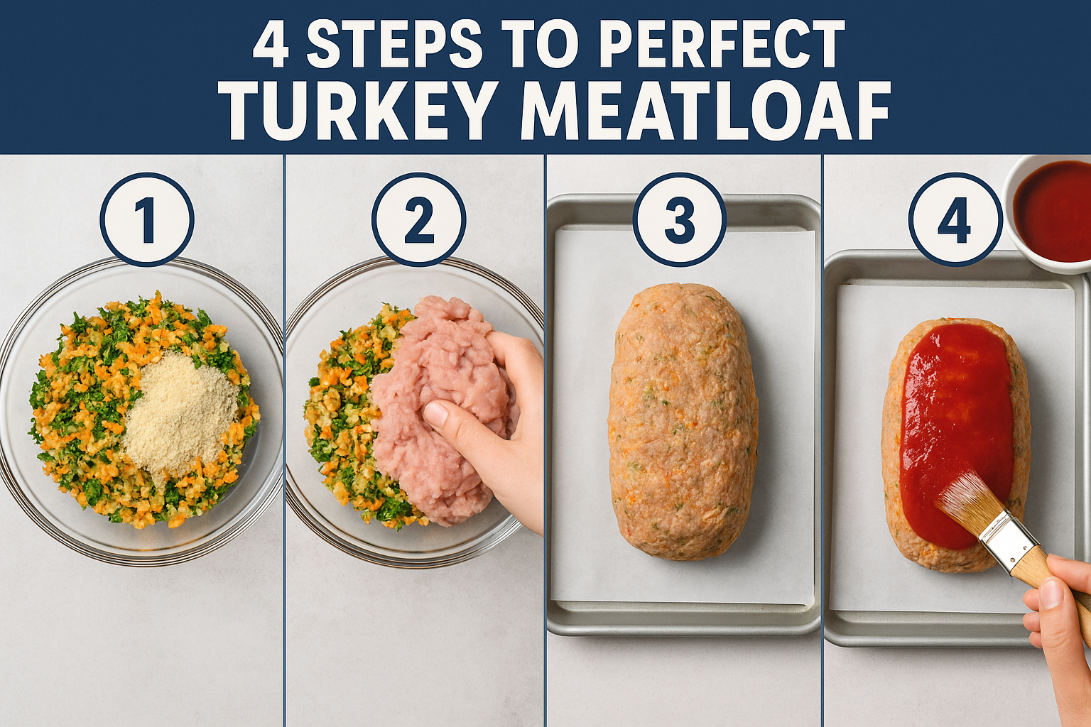 1536x1024 landscape image showing a step-by-step visual guide with 4 panels demonstrating key steps in making turkey and vegetable meatloaf: