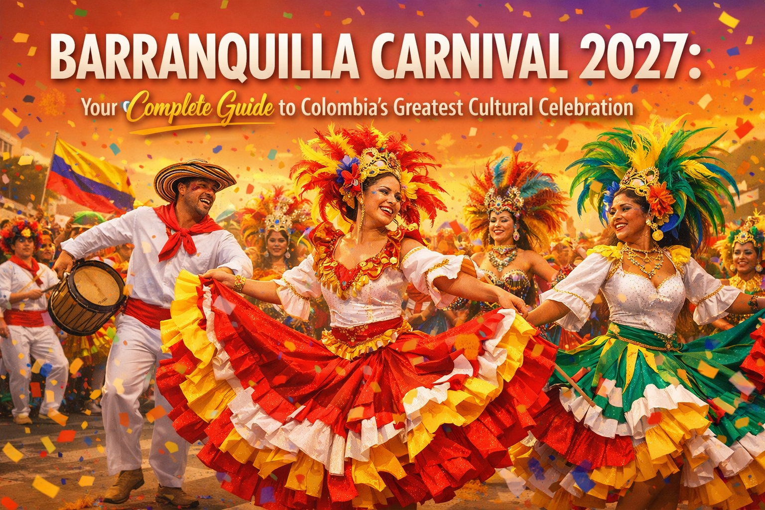 Cover image - Create a vibrant 1536x1024 landscape cover image showing the colorful spectacle of Barranquilla Carnival with dancers in elabo