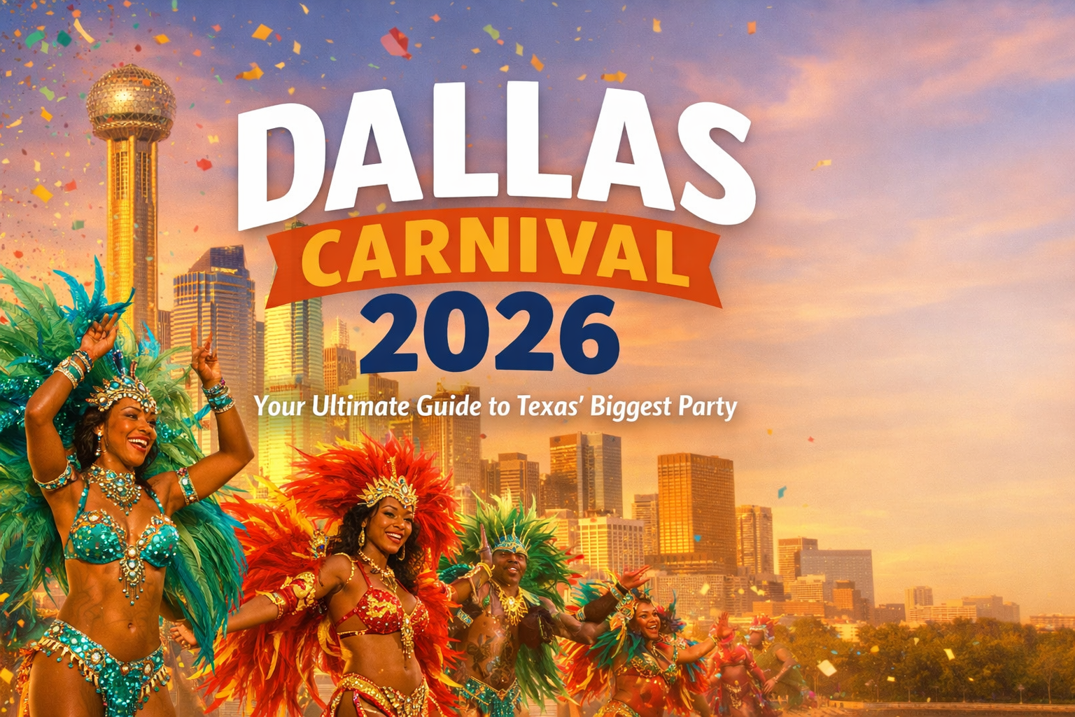 Cover image in 1536x1024 landscape format featuring a vibrant Dallas carnival scene with masqueraders in colorful feathered costumes dancing