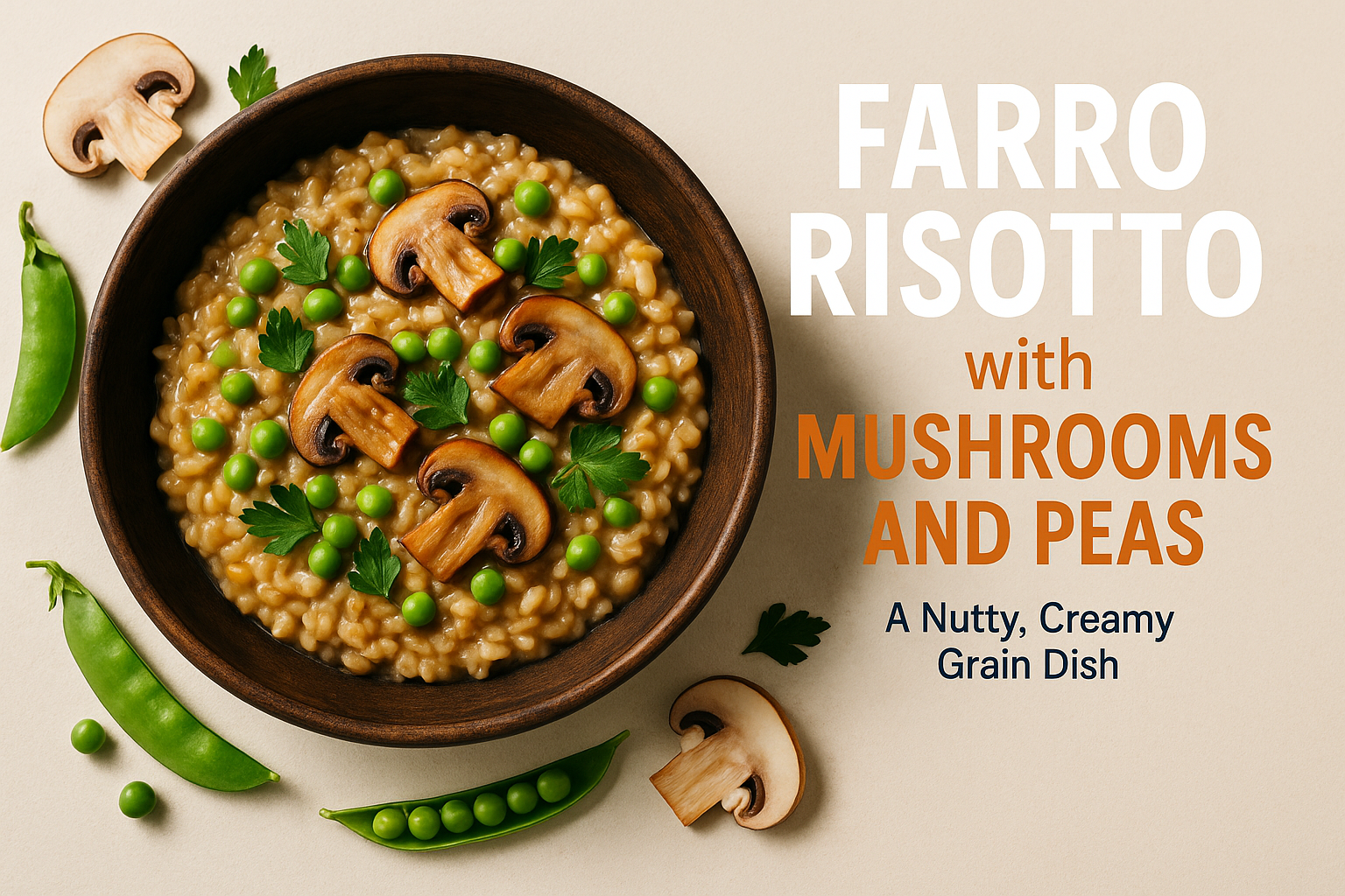 A beautifully styled landscape cover image (1536x1024) featuring a rustic wooden bowl filled with creamy farro risotto, garnished with fresh