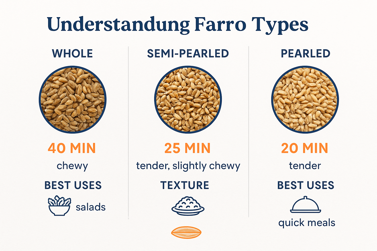 A detailed infographic in landscape format (1536x1024) comparing three types of farro: whole, semi-pearled, and pearled. Display three colum