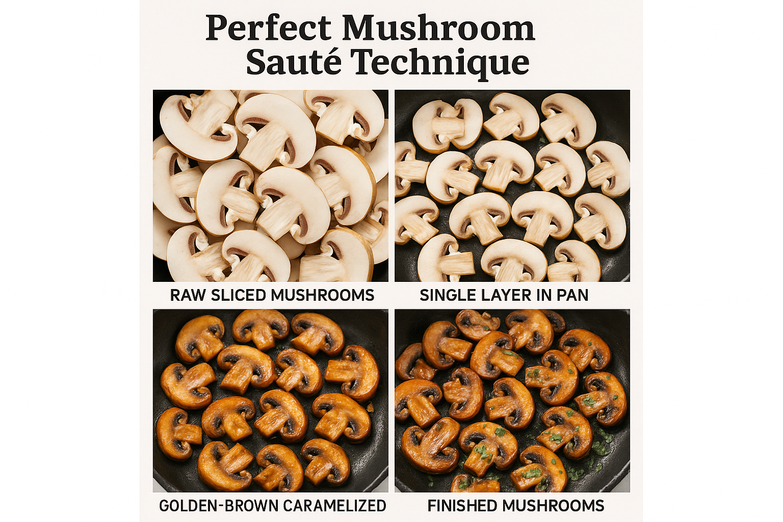 A square format image (1024x1024) showing a step-by-step visual guide of properly sautéing mushrooms. Display four quadrant images: 1) raw s