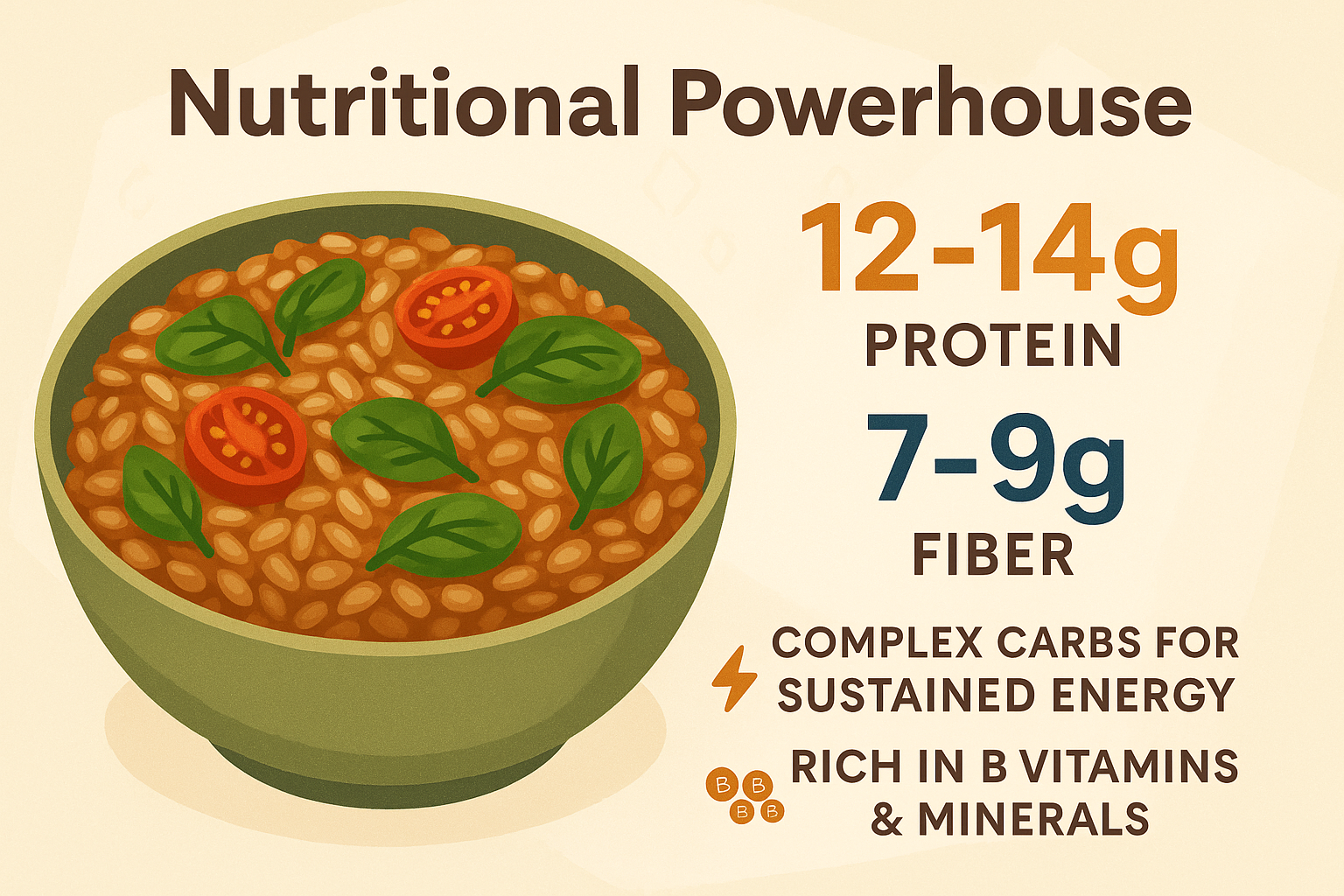 A vibrant landscape image (1536x1024) displaying the nutritional benefits of farro risotto. Create an attractive infographic with a large bo