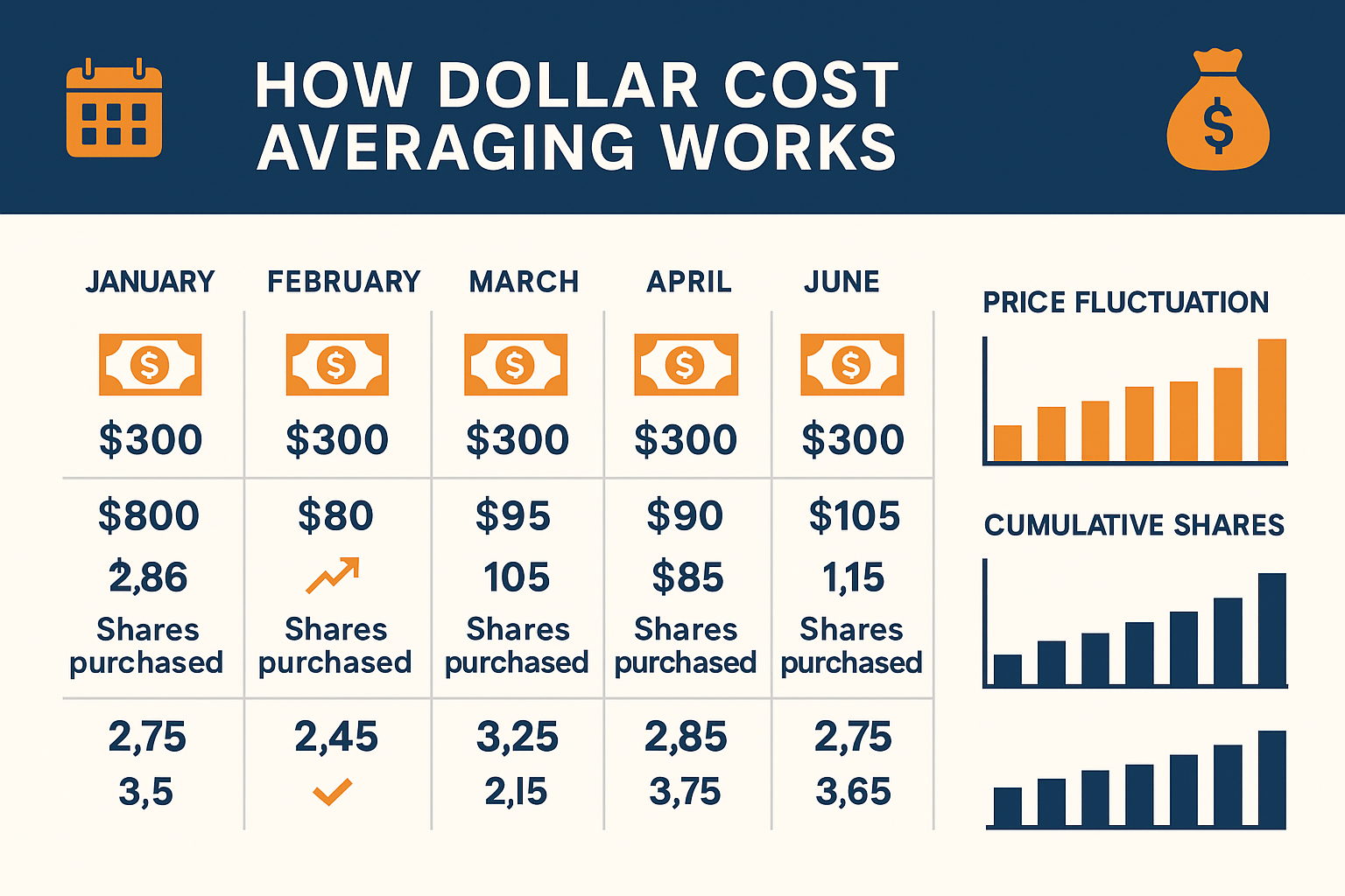 Infographic in 1536x1024 landscape format titled "How Dollar Cost Averaging Works" showing a 6-month timeline. Each month displays: the mont