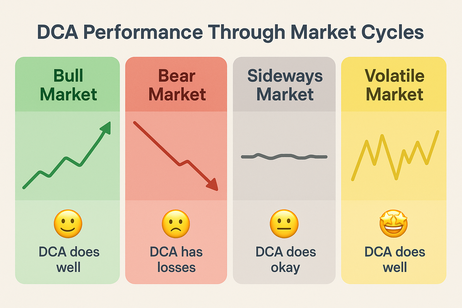 Landscape 1536x1024 infographic showing "DCA Performance Through Market Cycles". Four sections labeled Bull Market, Bear Market, Sideways Ma