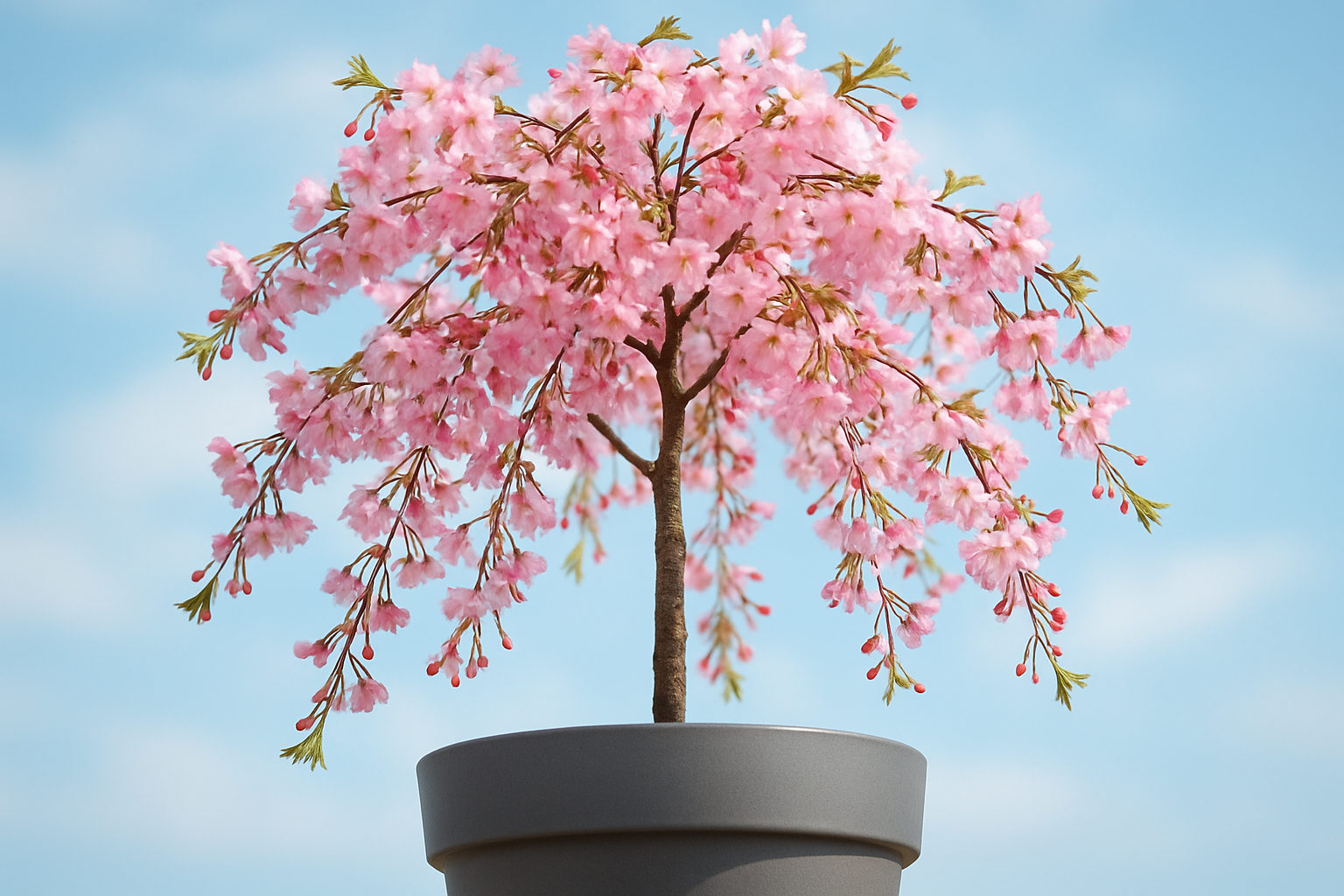 Square format 1024x1024 close-up photograph of a healthy potted cherry blossom tree with pink blooms against a soft blue sky background. The