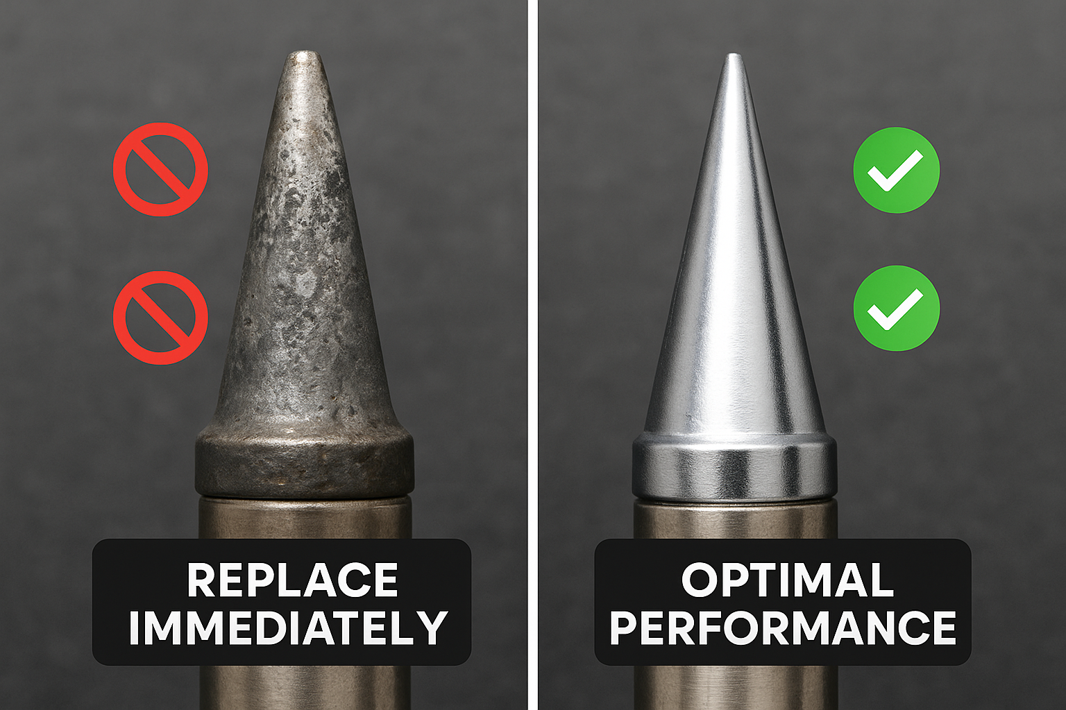 Create a square 1024x1024 image showing a before-and-after comparison of soldering tips. Left side shows a worn, oxidized, pitted tip labele