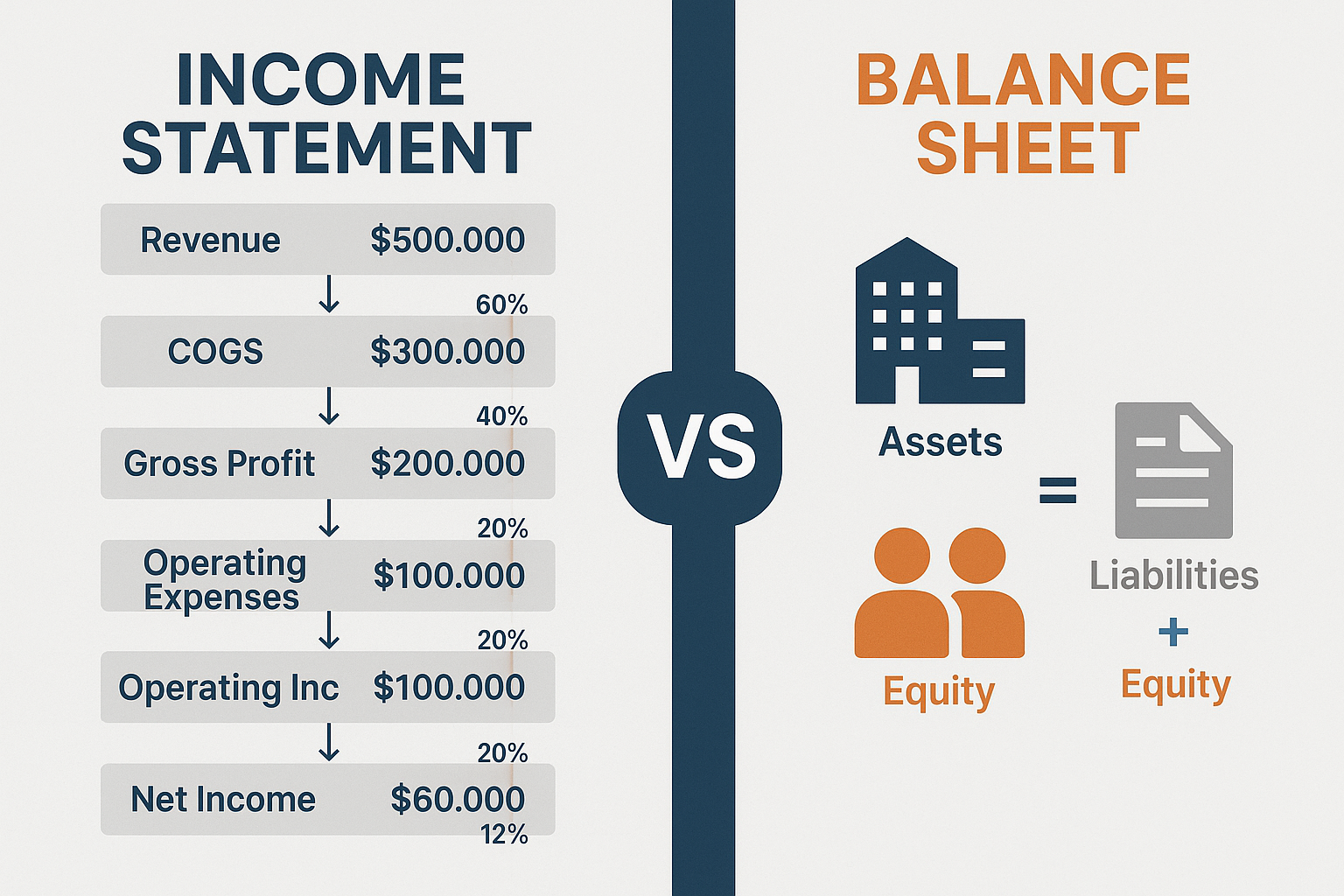 Landscape infographic 1536x1024 showing side-by-side comparison of Income Statement and Balance Sheet. Left panel titled "INCOME STATEMENT" 