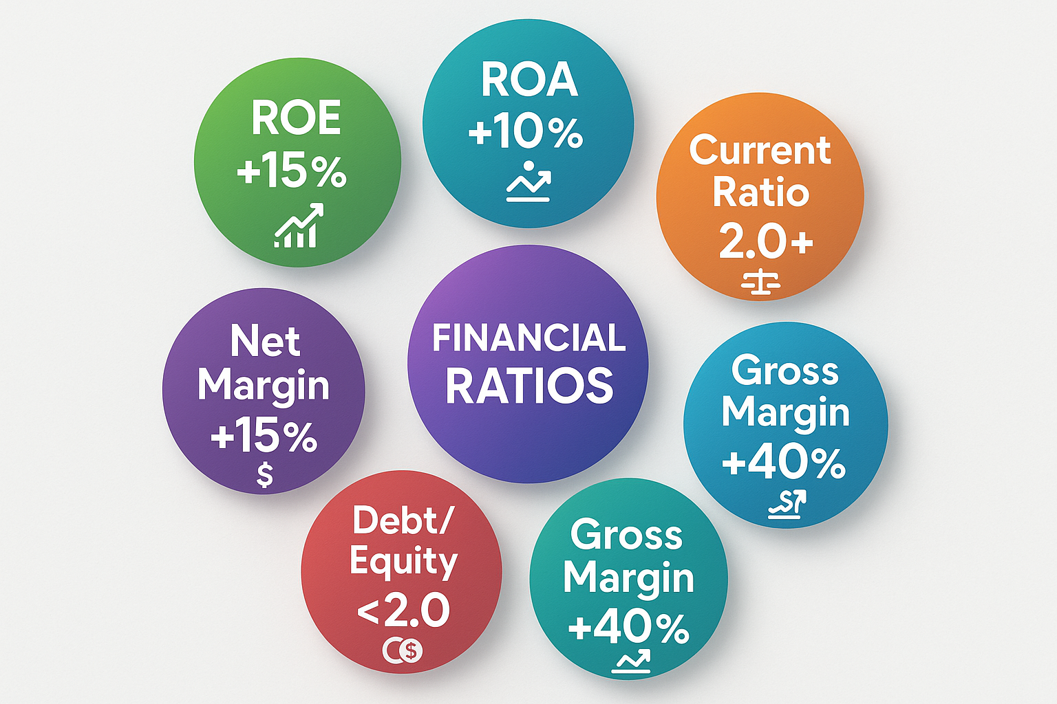 Square infographic 1024x1024 displaying key financial ratios in a circular arrangement. Center circle contains "FINANCIAL RATIOS" in bold wh