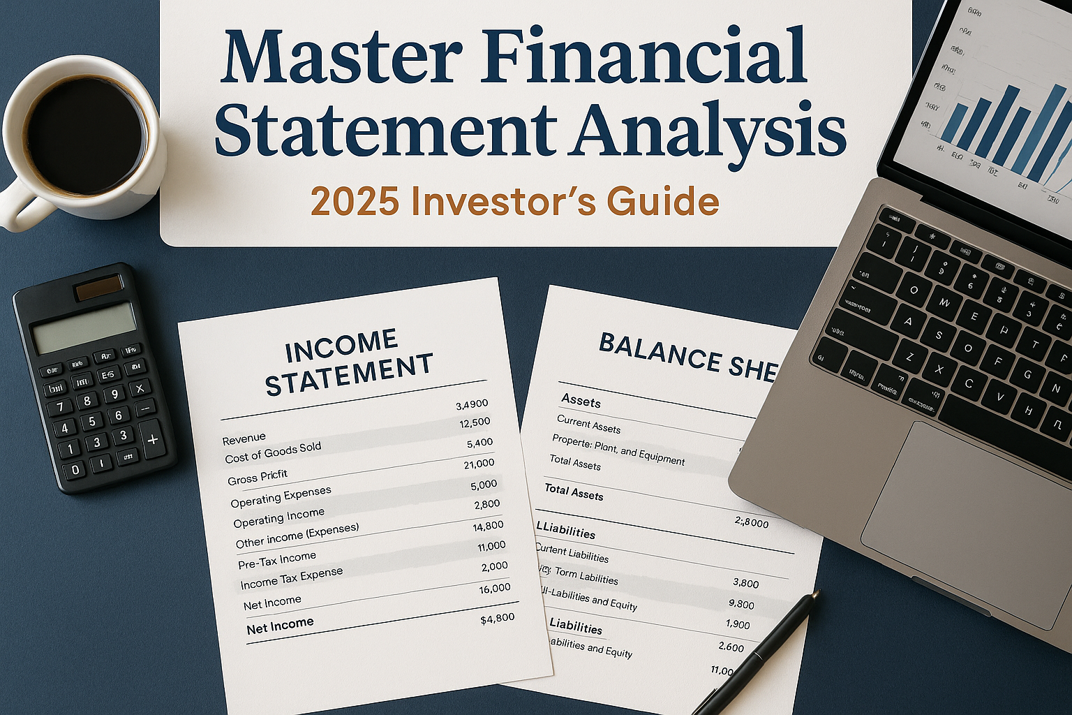 Square visual 1024x1024 showing a professional business desk scene from above with financial documents, calculator, laptop displaying charts