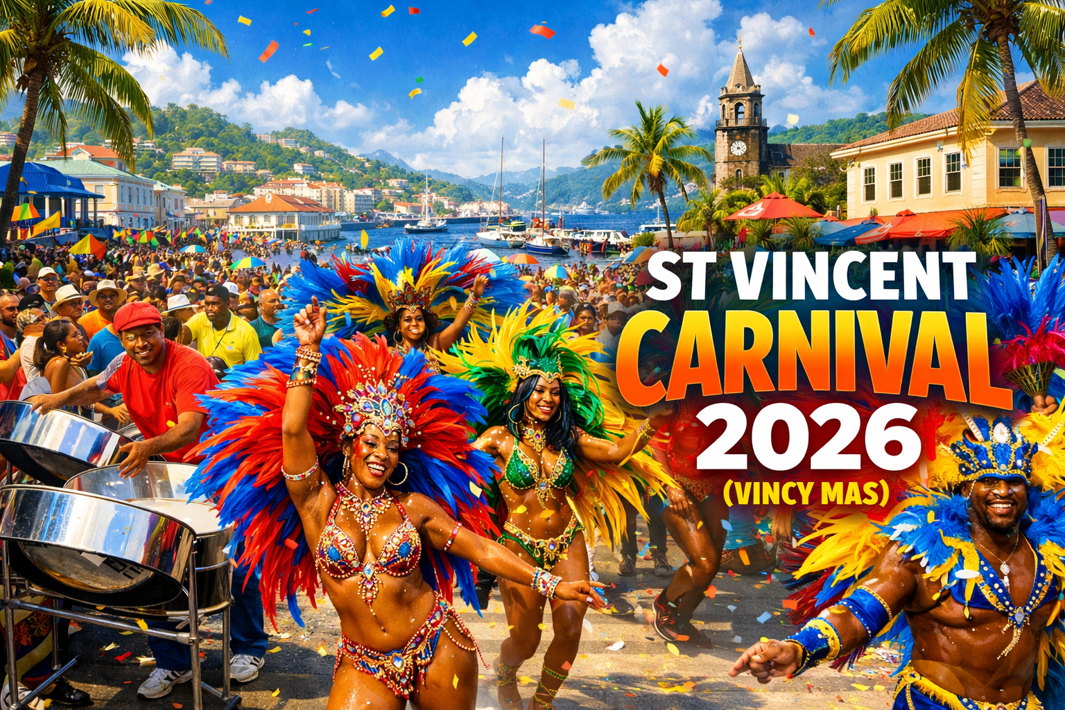Create a vibrant carnival cover image in 1536x1024 landscape format showing colorful masqueraders in elaborate feathered costumes dancing in