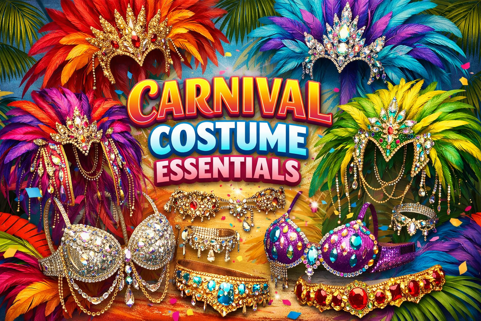 Create a 1024x1024 square image showcasing various carnival costume elements including elaborate feathered headpieces, crystal-encrusted bra