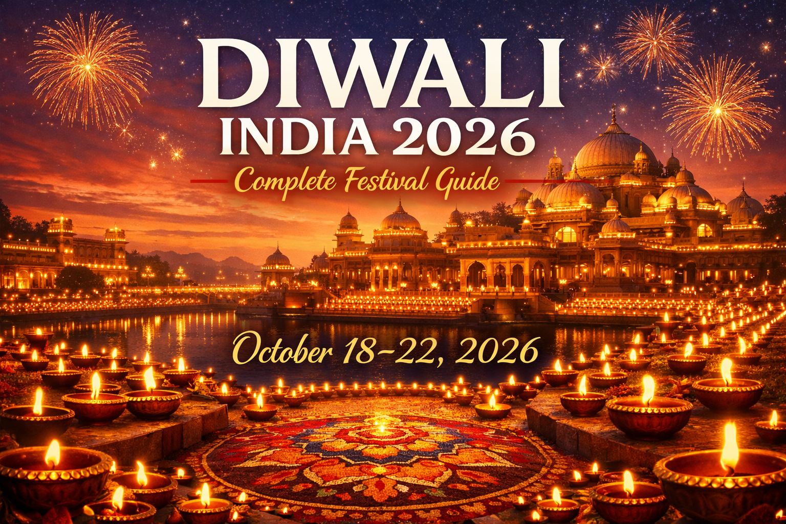 Cover image - A stunning landscape image showing illuminated Indian architecture (like a palace or temple) with millions of golden oil lamps