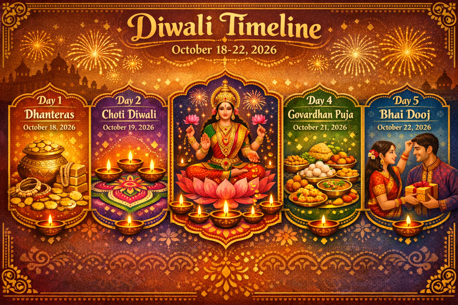 Create a landscape infographic (1536x1024) showing the 5-day Diwali timeline with beautiful illustrations. Display each day as a colorful ca