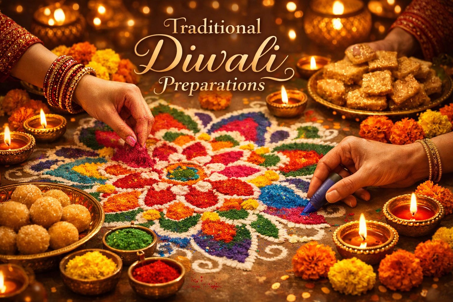 Create a square image (1024x1024) showcasing traditional Diwali preparations. Show hands creating intricate rangoli patterns with colorful p
