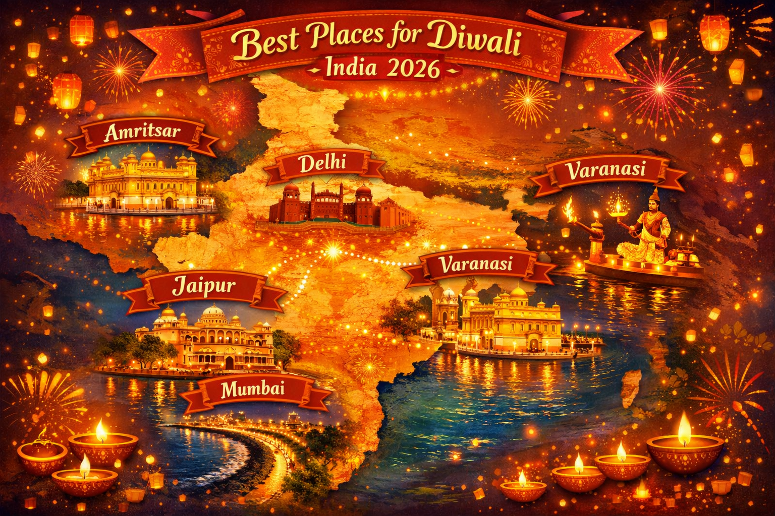 Create a landscape image (1536x1024) showing a map of India with major Diwali celebration cities highlighted (Delhi, Mumbai, Jaipur, Varanas
