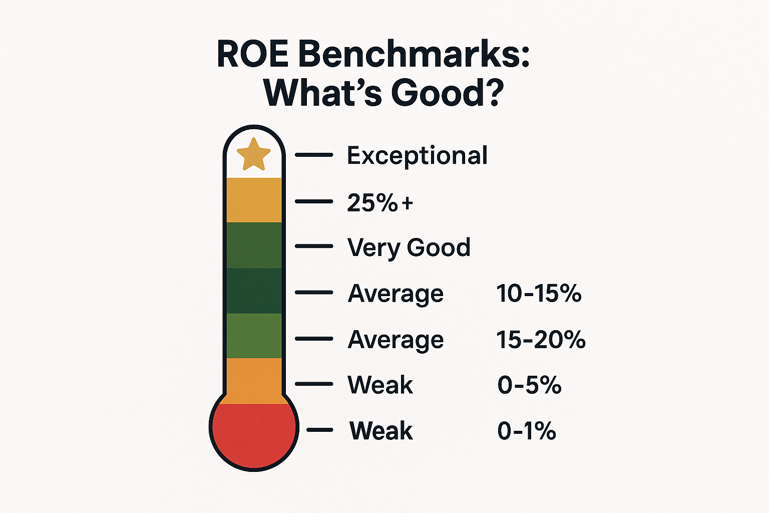 Square infographic in 1024x1024 format titled "Return on Equity Benchmarks: What's Good?" at the top in bold text. Shows a vertical thermometer or gauge 