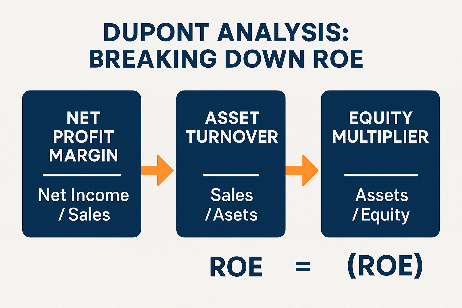 Landscape infographic in 1536x1024 format showing "DuPont Analysis: Breaking Down ROE" with three connected boxes in a flow diagram. Box 1: 