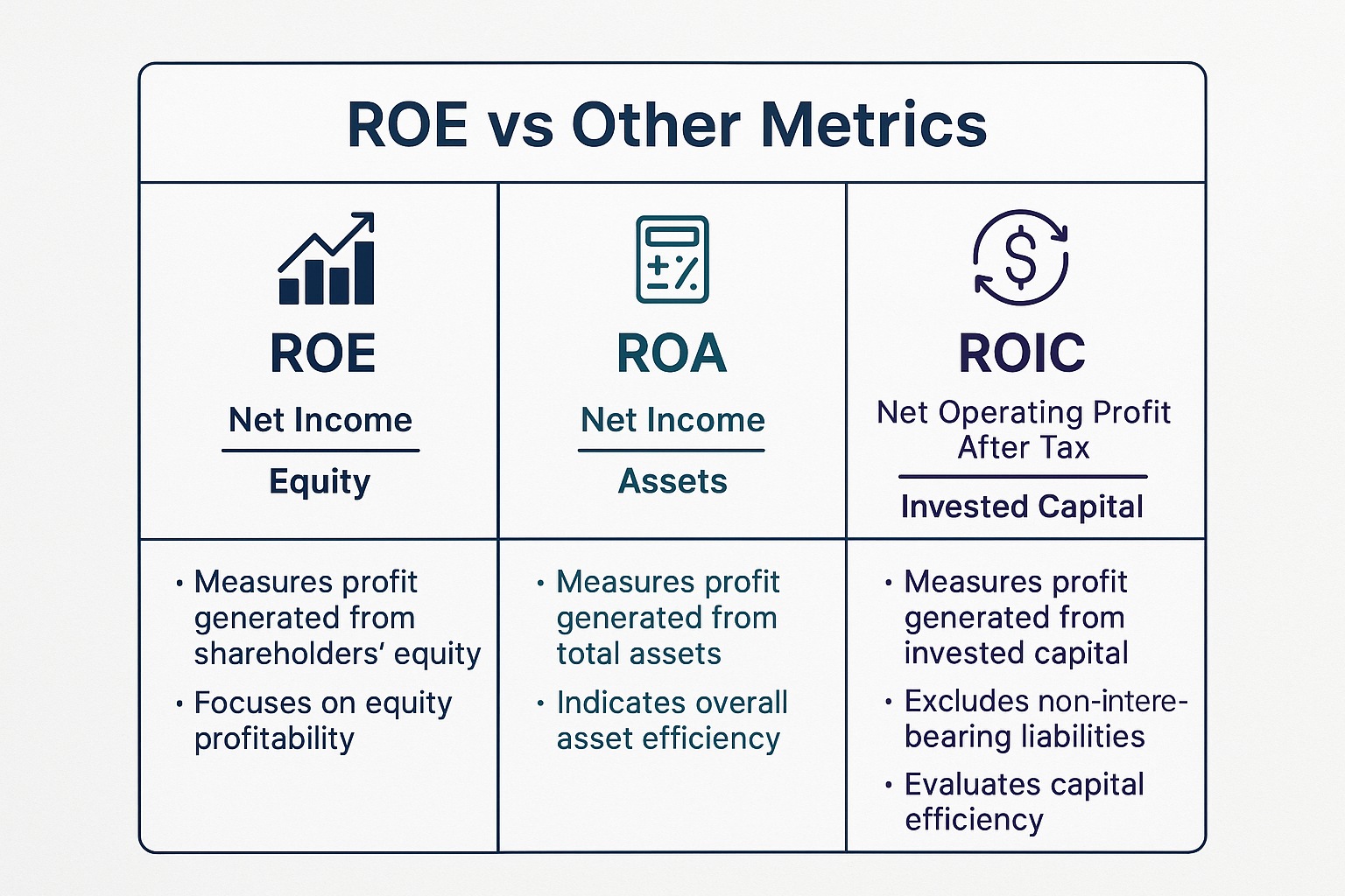 Square comparison chart in 1024x1024 format titled "ROE vs Other Metrics" showing three columns comparing ROE, ROA, and ROIC. Each column ha