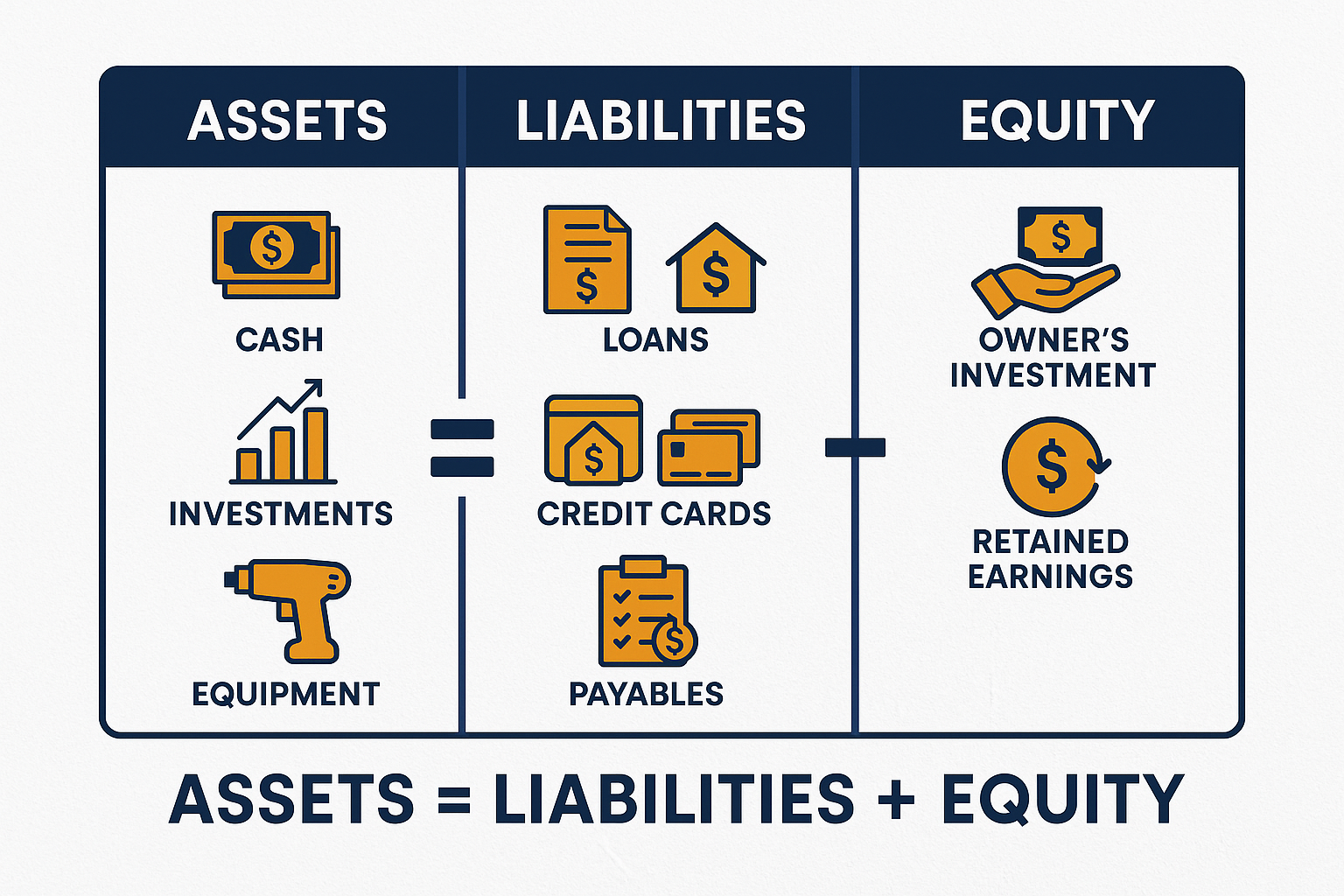 Infographic in 1536x1024 landscape format showing the balance sheet equation visually. Create three distinct columns labeled "ASSETS," "LIAB