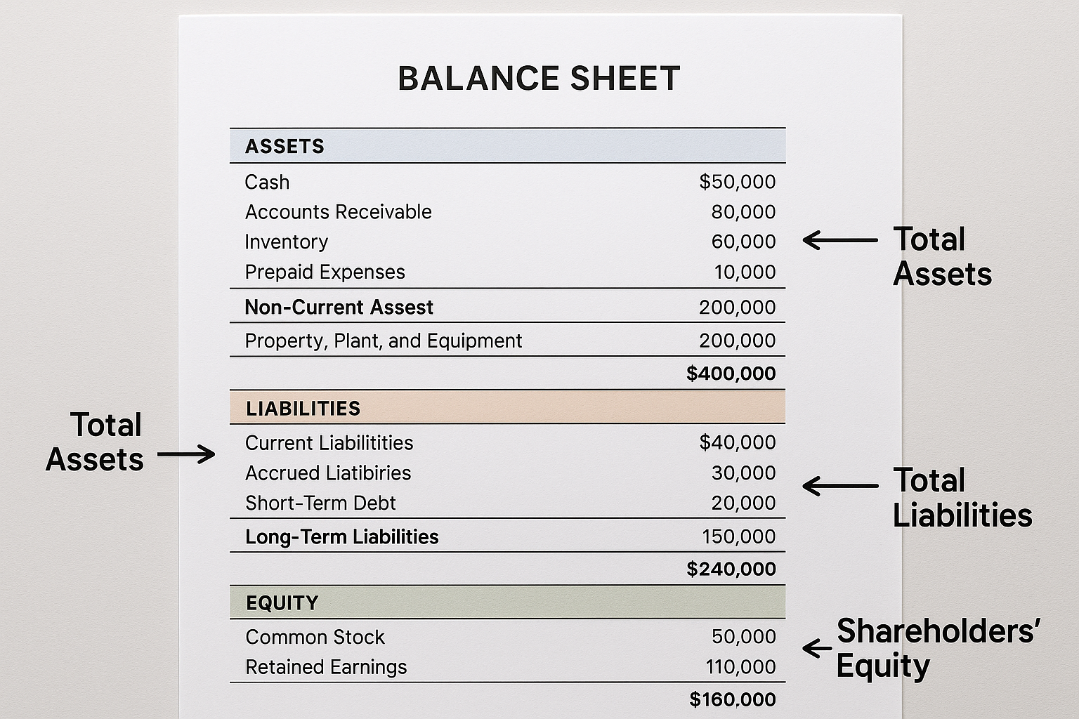 Square 1024x1024 image showing a sample balance sheet document. Create a realistic-looking financial statement with clear sections for Asset