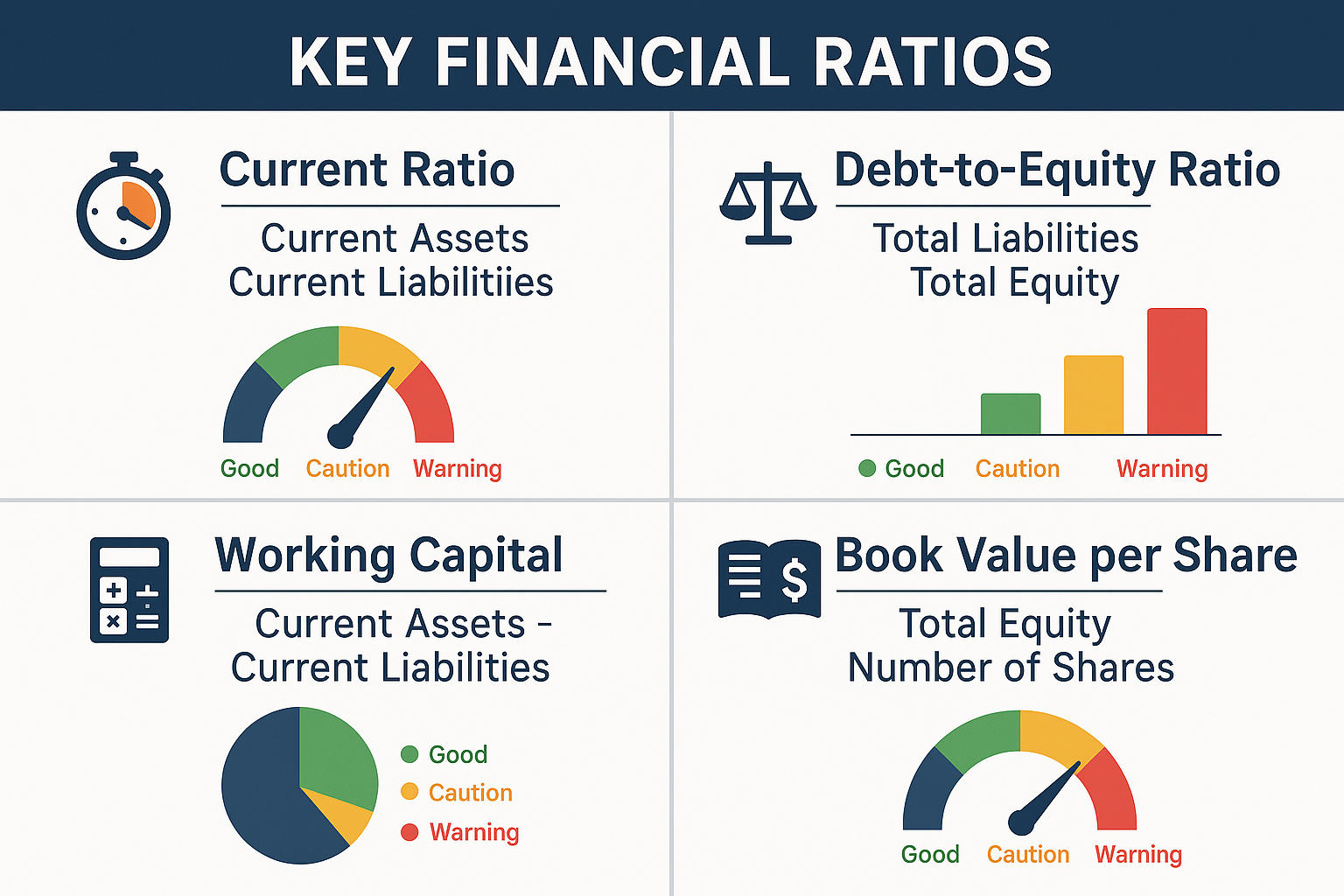 Landscape 1536x1024 infographic showing key financial ratios derived from the balance sheet. Create four distinct sections, each showing a d