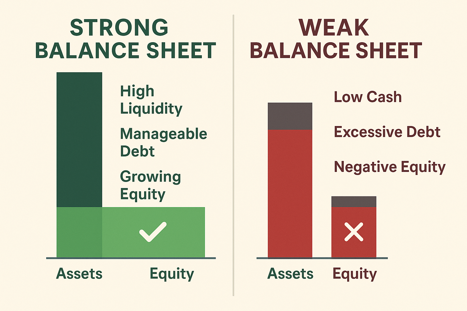 Square 1024x1024 image showing a side-by-side comparison of a "Strong Balance Sheet" vs "Weak Balance Sheet." Left side (Strong) shows high 