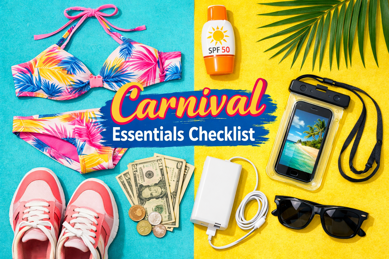 Square image (1024x1024) showing essential carnival packing items laid out flat-lay style: swimsuit, sunscreen, waterproof phone case, comfo