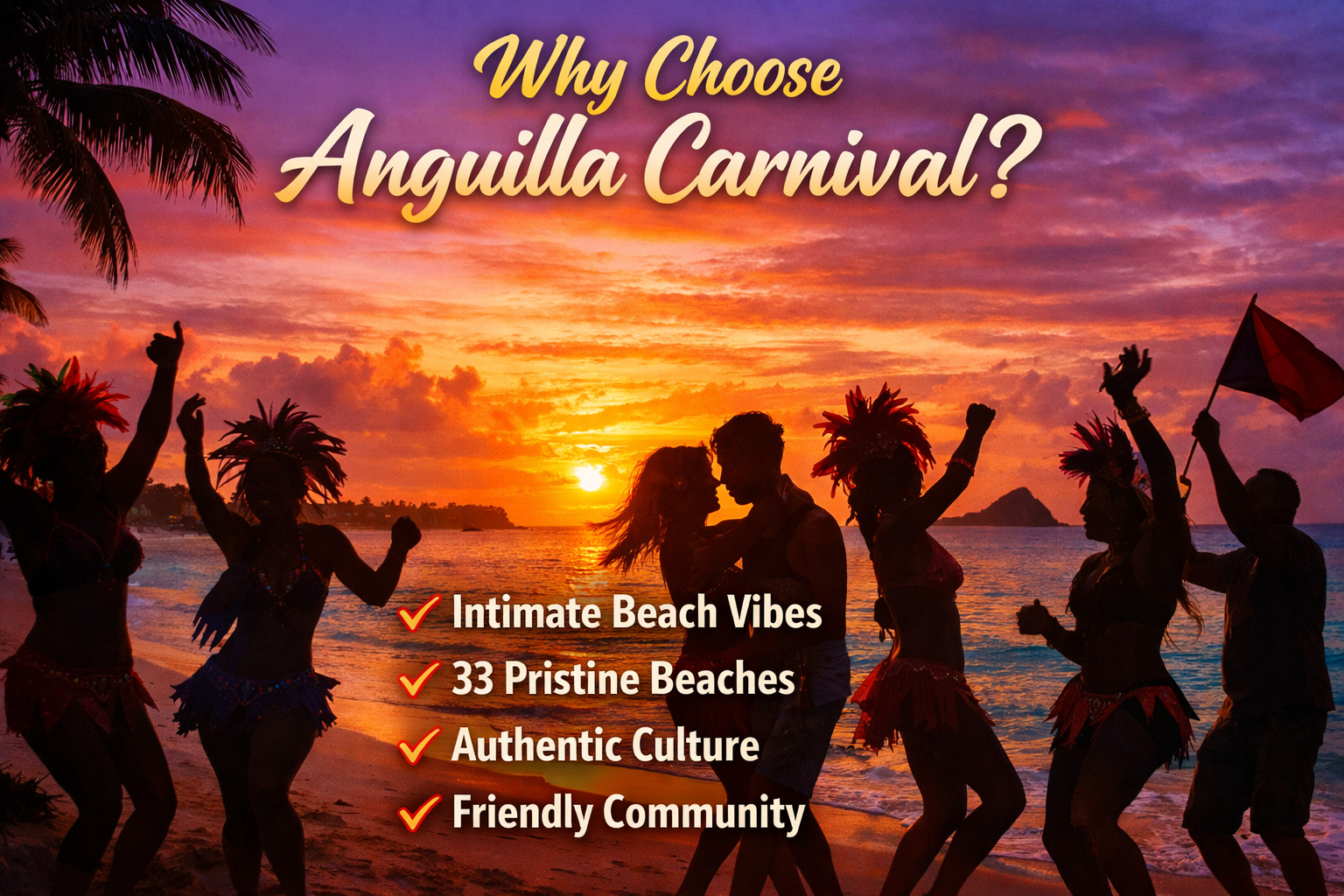 Landscape image (1536x1024) depicting a beautiful Anguilla beach scene at sunset with silhouettes of carnival revelers dancing. Text overlay