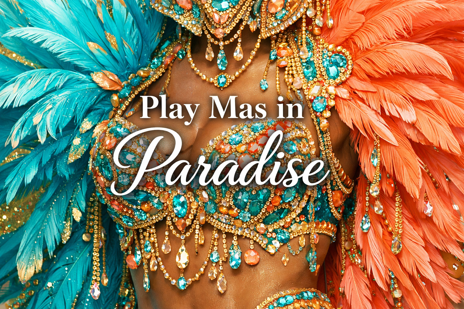 Square image (1024x1024) featuring a colorful carnival costume close-up with elaborate feathers, beads, and sequins in turquoise, gold, and 