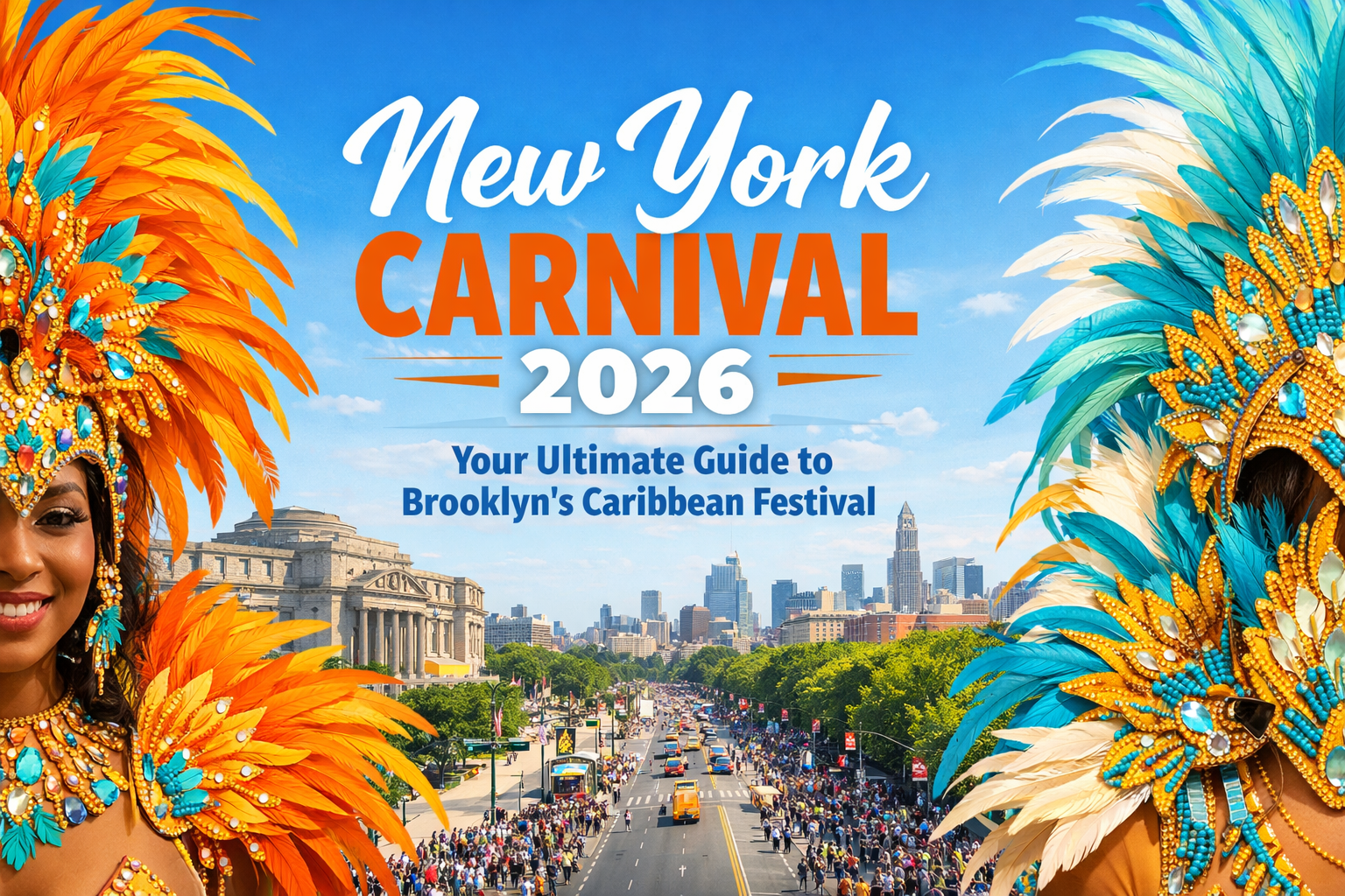 Create a vibrant 1536x1024 landscape cover image featuring colorful Caribbean carnival costumes with elaborate feathers and beadwork in the 