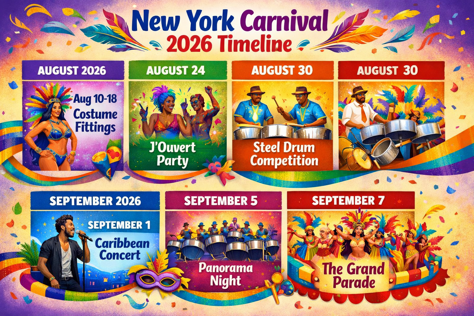Design a 1536x1024 landscape infographic showing the carnival timeline from August through September 2026. Include colorful icons for differ