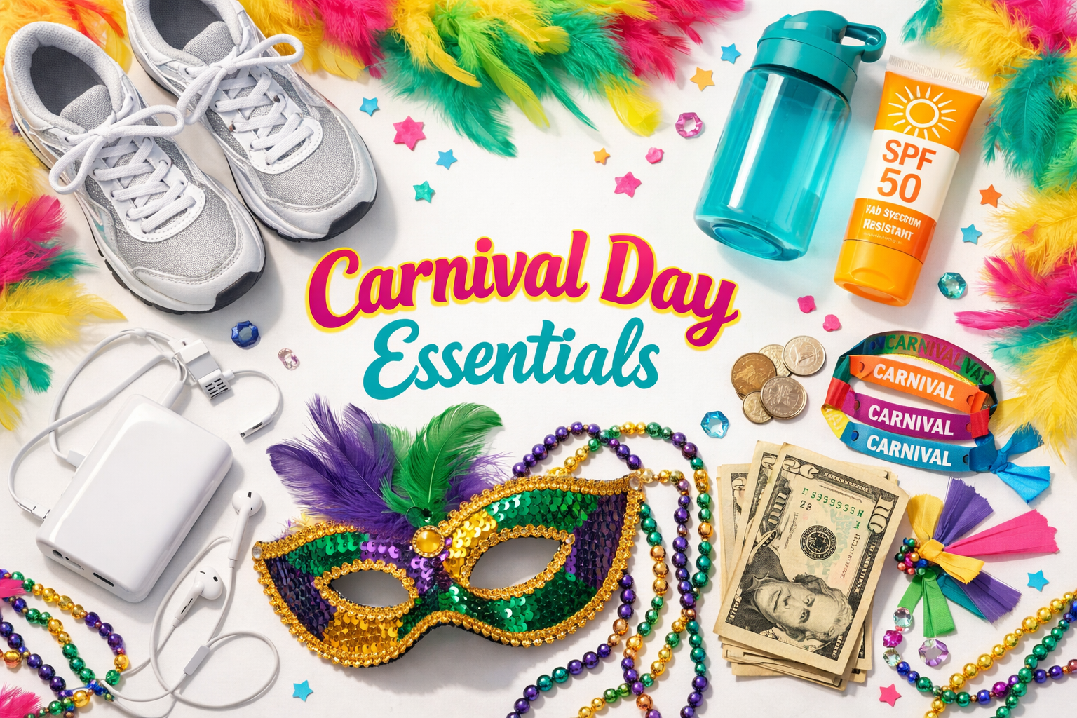 Create a 1024x1024 square image showing carnival costume essentials laid out flat-lay style including comfortable sneakers, water bottle, su
