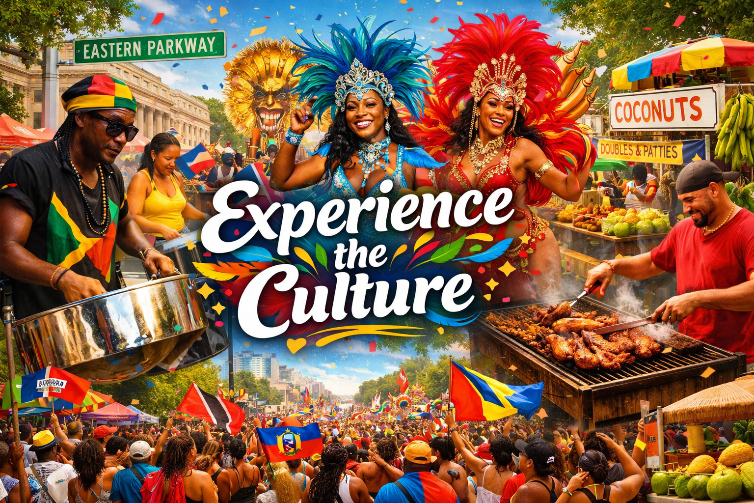 Design a 1536x1024 landscape image featuring a collage of carnival activities including steel drum players, costumed dancers, food vendors, 