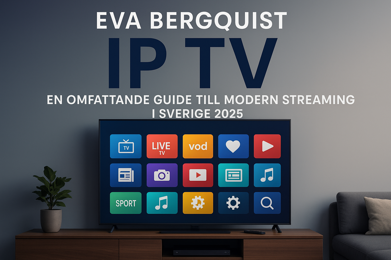 Create a 1536x1024 landscape cover image with a modern streaming setup showing a large smart TV displaying multiple channel icons and a slee