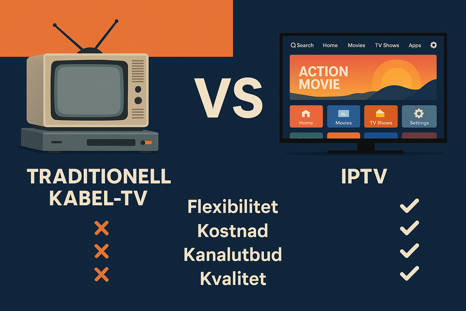 Create a 1536x1024 landscape infographic comparing Traditional Cable TV vs IPTV. Left side shows old TV with cable box in muted colors, righ