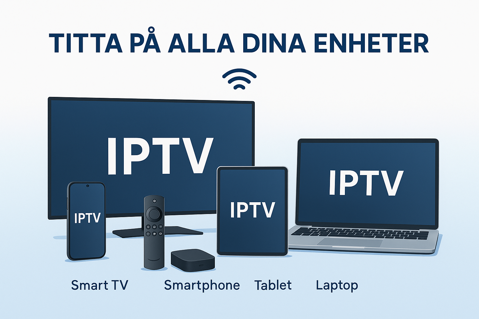 Create a 1536x1024 landscape image showing device compatibility for IPTV. Display 6 modern devices in a semi-circle: Smart TV, smartphone, t