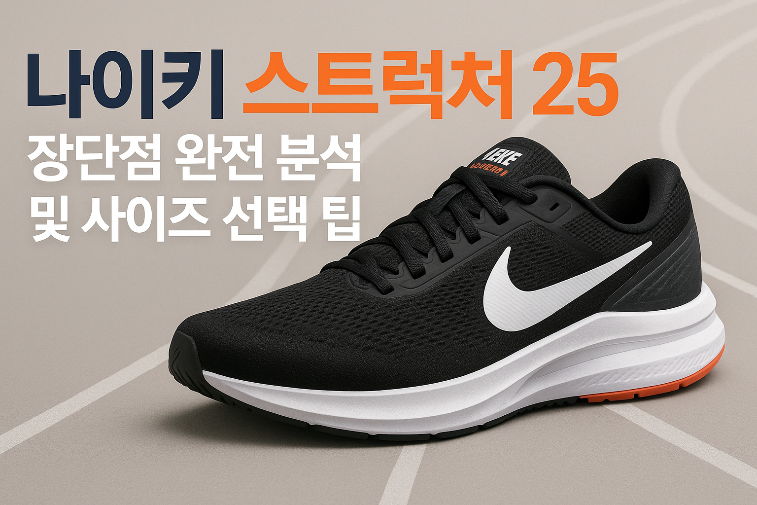 Create a cover image in 1536x1024 landscape format featuring the Nike Structure 25 running shoe prominently displayed on a clean, modern bac