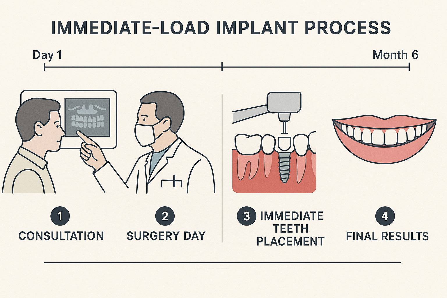 Design a 1536x1024 landscape infographic showing the immediate-load implant process in 4 steps: consultation, surgery day, immediate teeth p