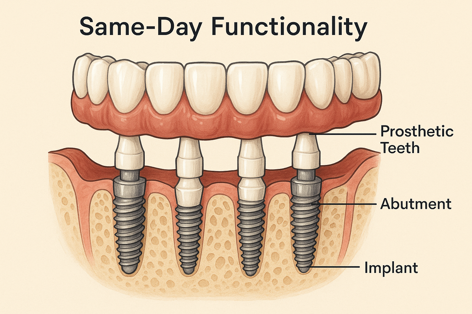 Create a 1024x1024 square image showing a cross-section view of immediate-load dental implants in the jawbone with a full arch prosthetic at
