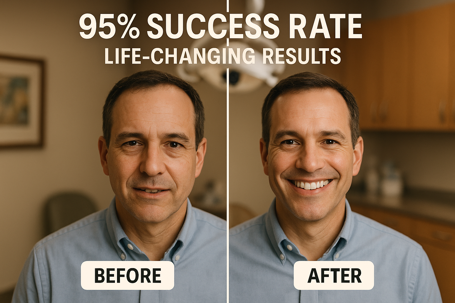 Create a 1024x1024 square before-and-after style image showing a confident person smiling, with text overlay "95% Success Rate" and "Life-Ch