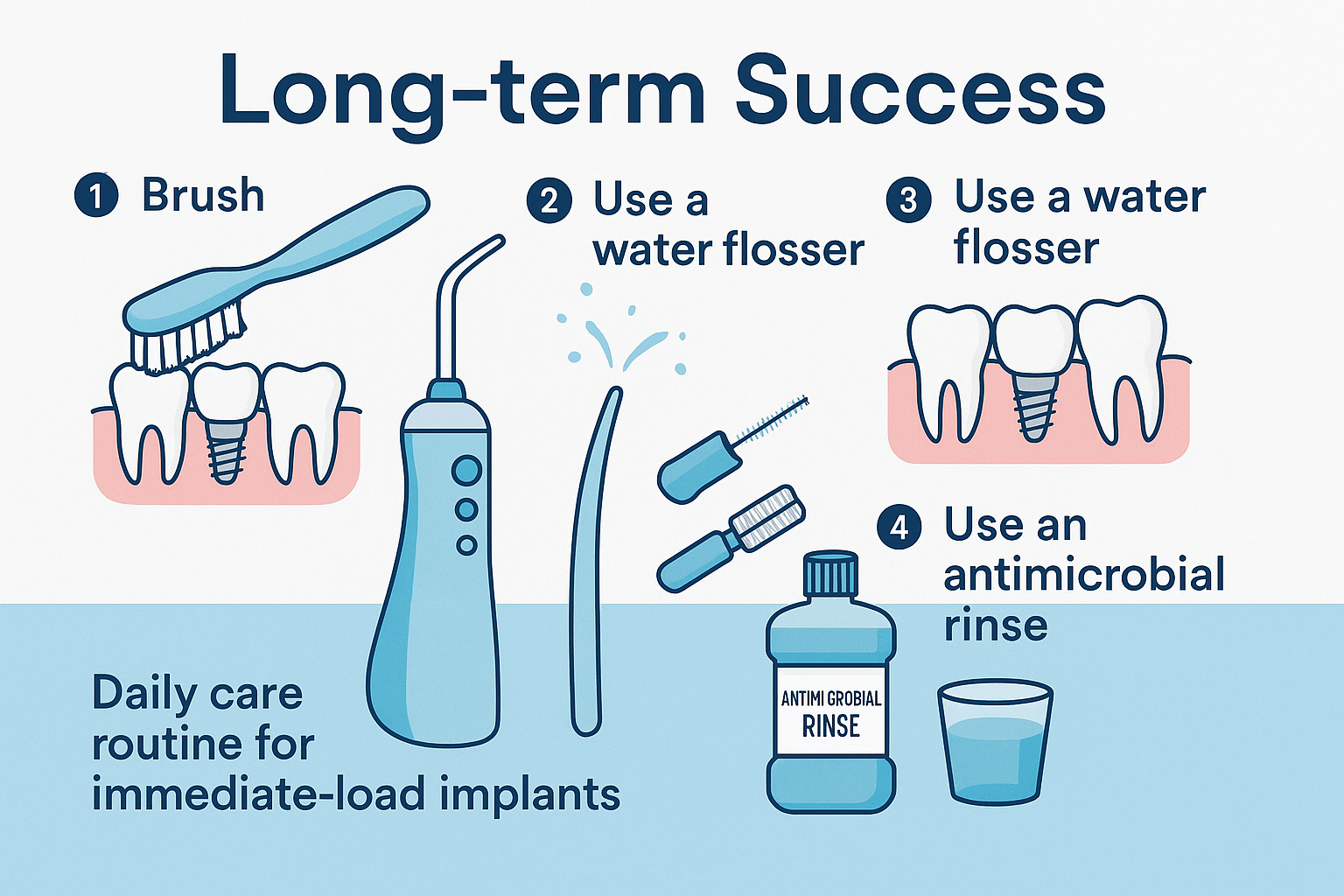 Design a 1536x1024 landscape infographic showing daily care routine for immediate-load implants. Include illustrations of specialized toothb