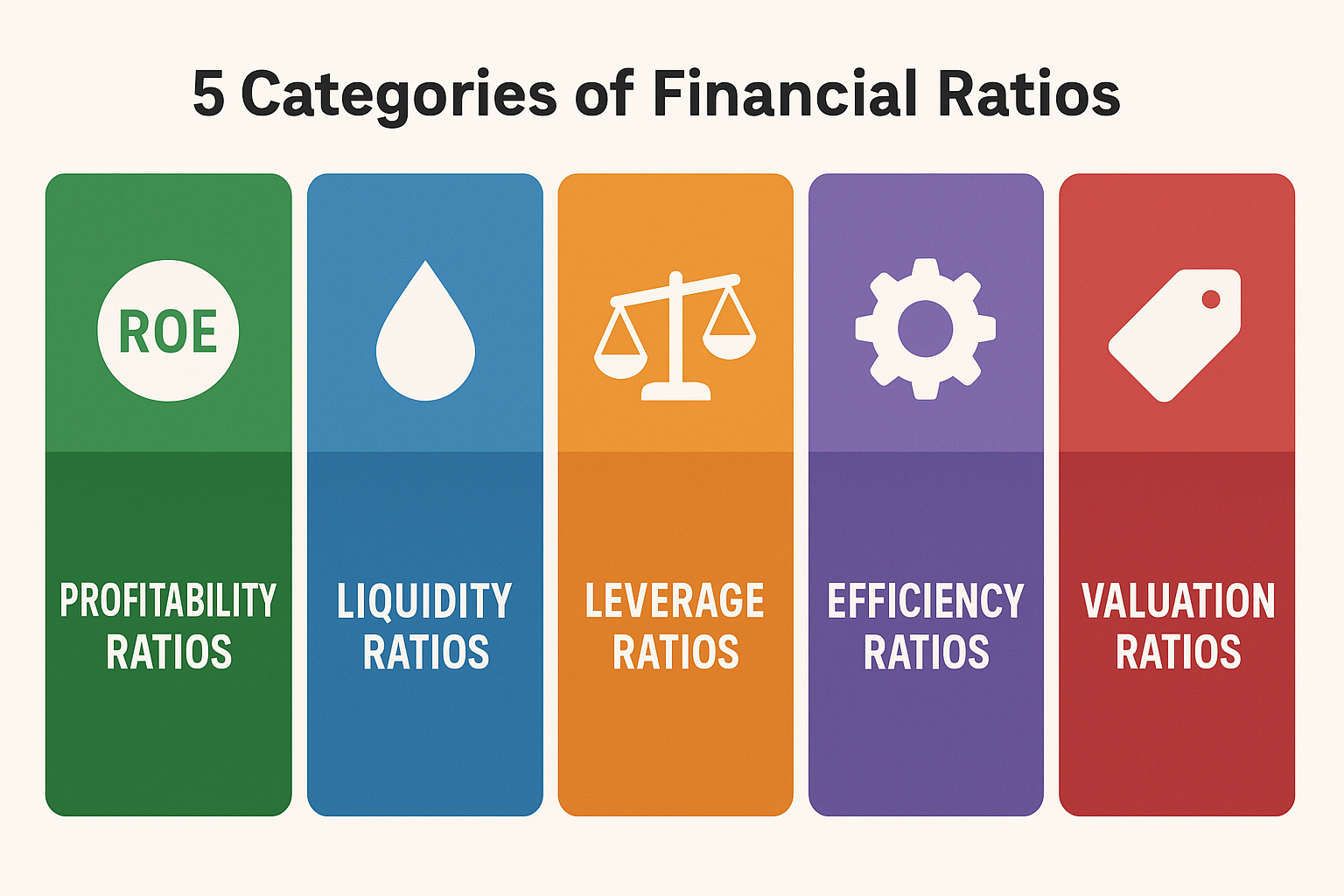 Infographic (1536x1024 landscape): Visual breakdown of the five core financial ratio categories displayed as five distinct colorful sections